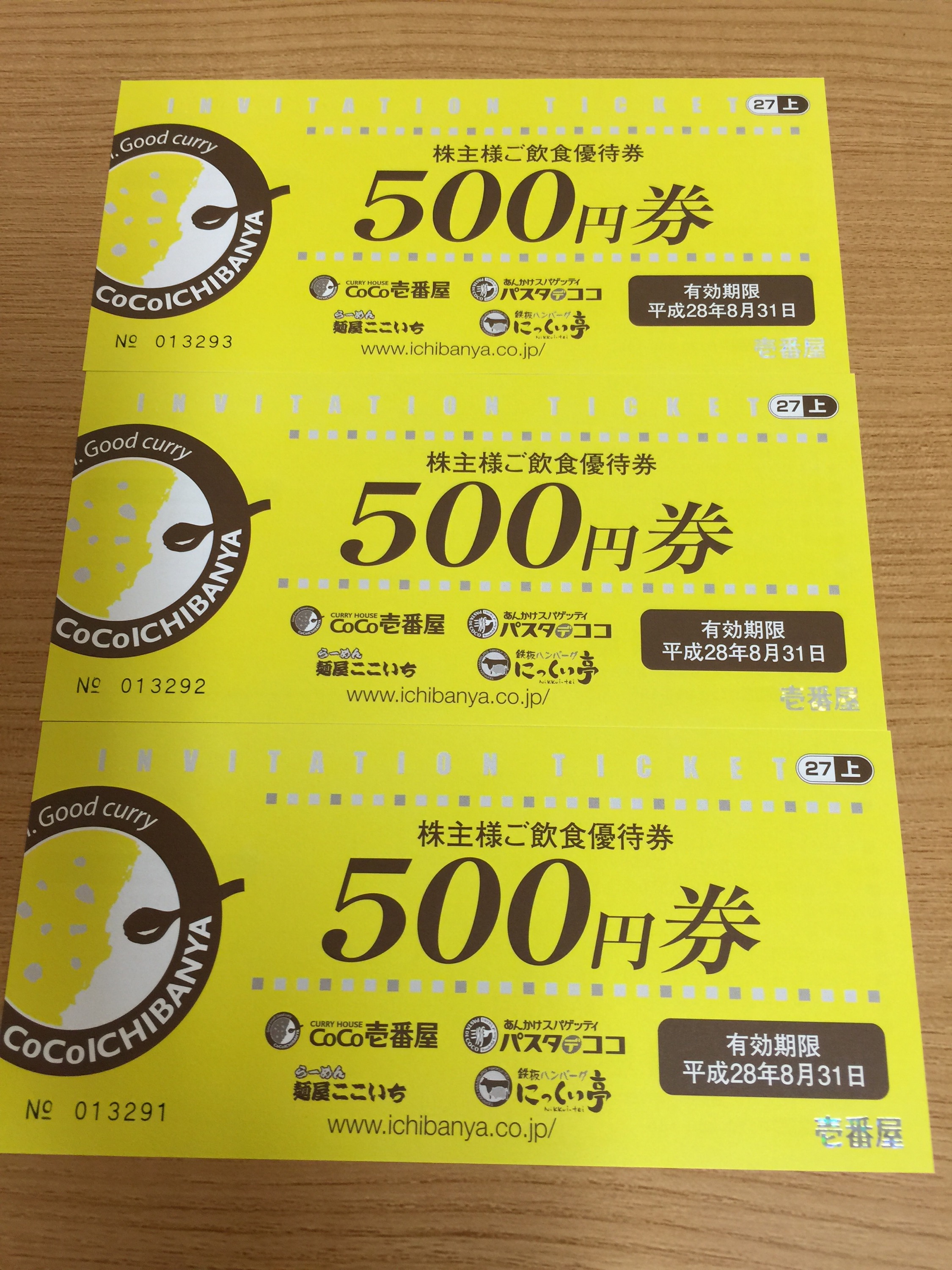 壱番屋から株主優待 食事券1,500円分